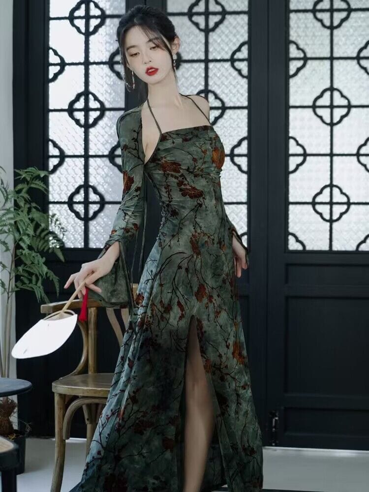 Beth and Brian Qipao-XX New Chinese style (新中式), floral pattern, green midi Qipao