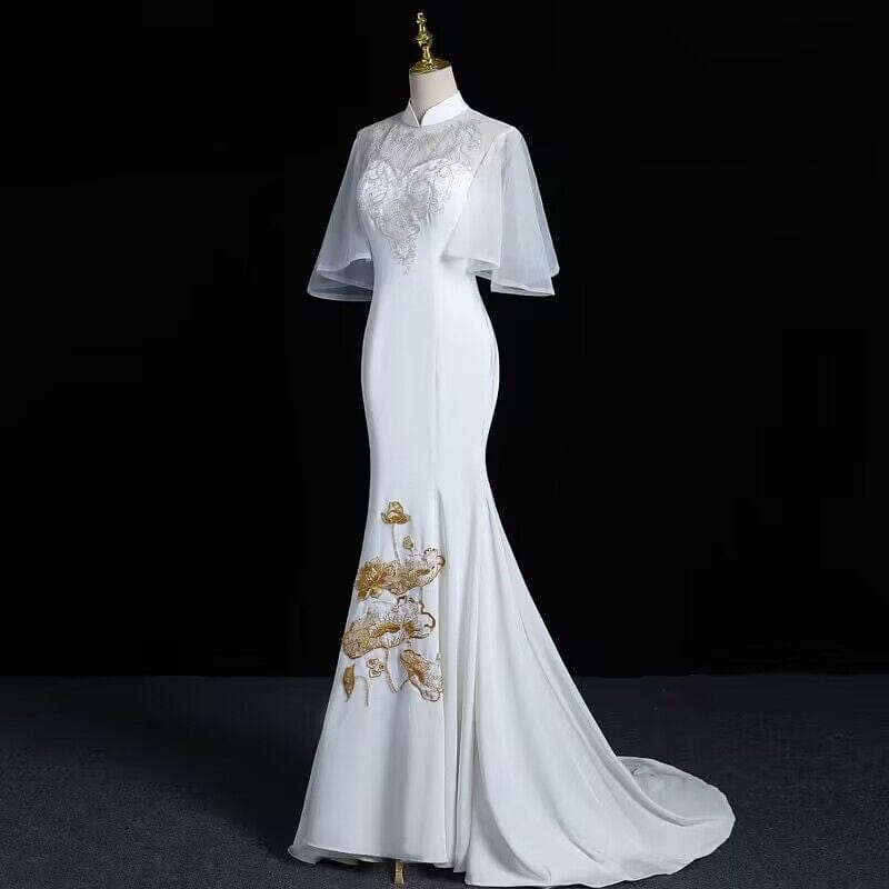 Beth and Brian Qipao-YSY Floral embroidery Chinese prom dress, fishtail white Qipao