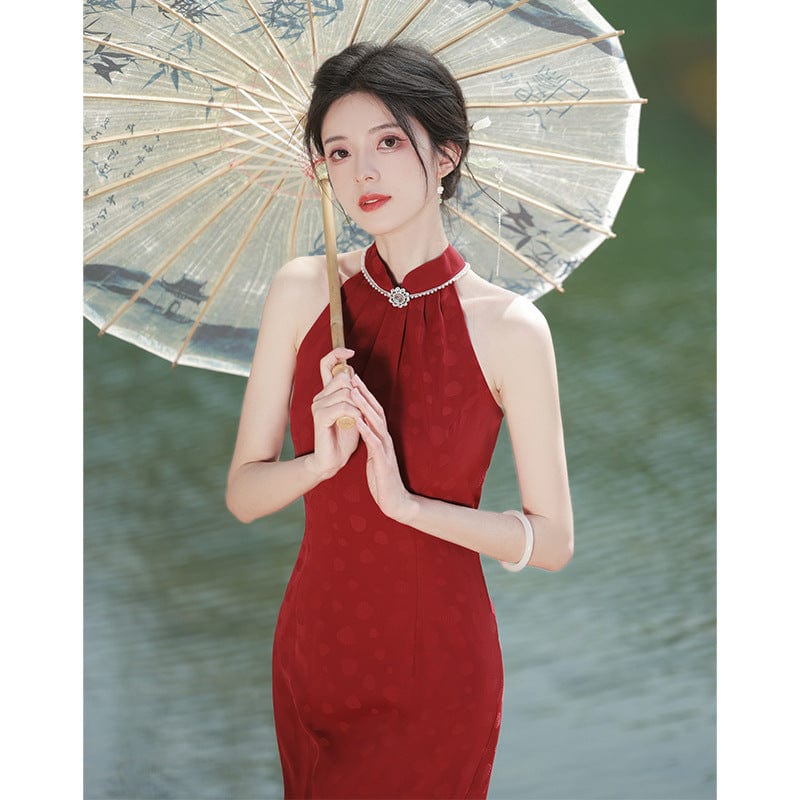Beth and Brian Qipao - XXJ New Chinese style (新中式), jacquard wine red midi Qipao