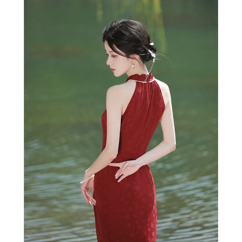 Beth and Brian Qipao - XXJ New Chinese style (新中式), jacquard wine red midi Qipao